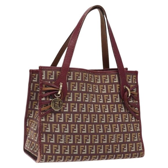 FENDI Zucchino Canvas Hand Bag Wine Red Gold Auth 120902